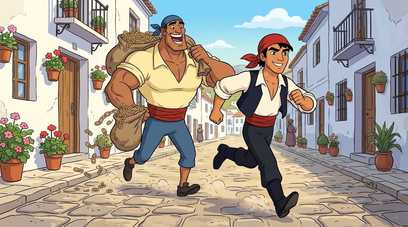 El ZEO Andaluz corriendo por un pueblo blanco con Tragalinks detrás cargado de sacos de enlaces dorados